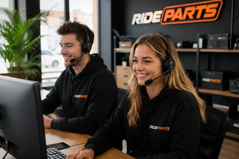 Twee RideParts-medewerkers met headsets staan klanten te woord